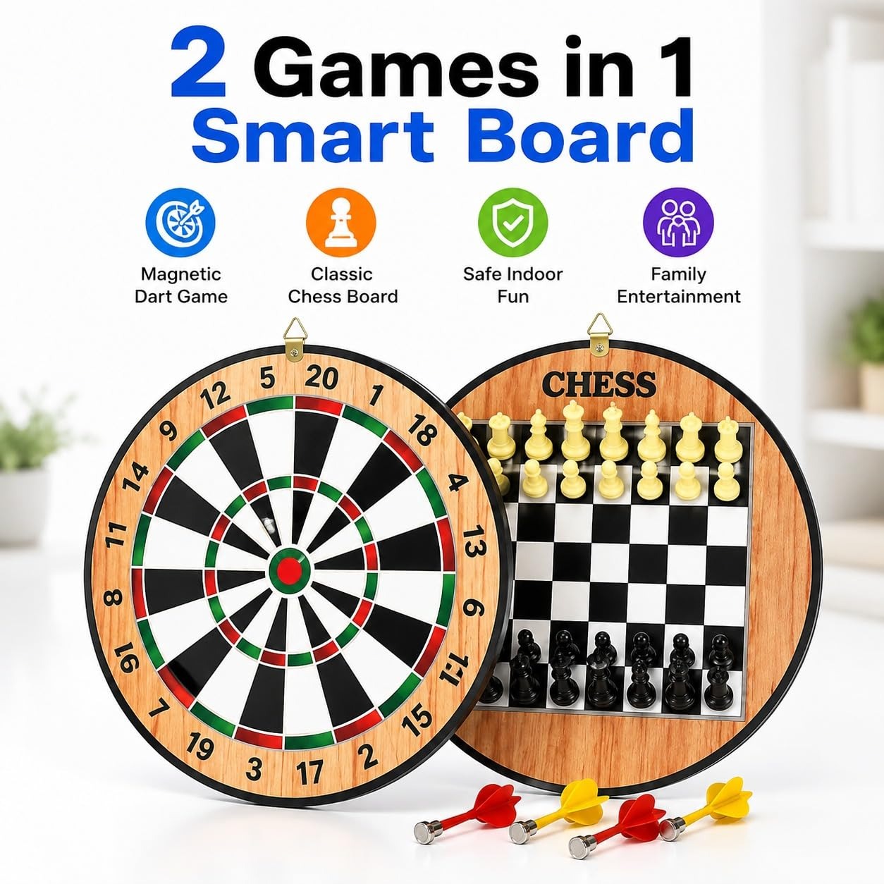 2-in-1 Magnetic Dart Board with Chess Game
