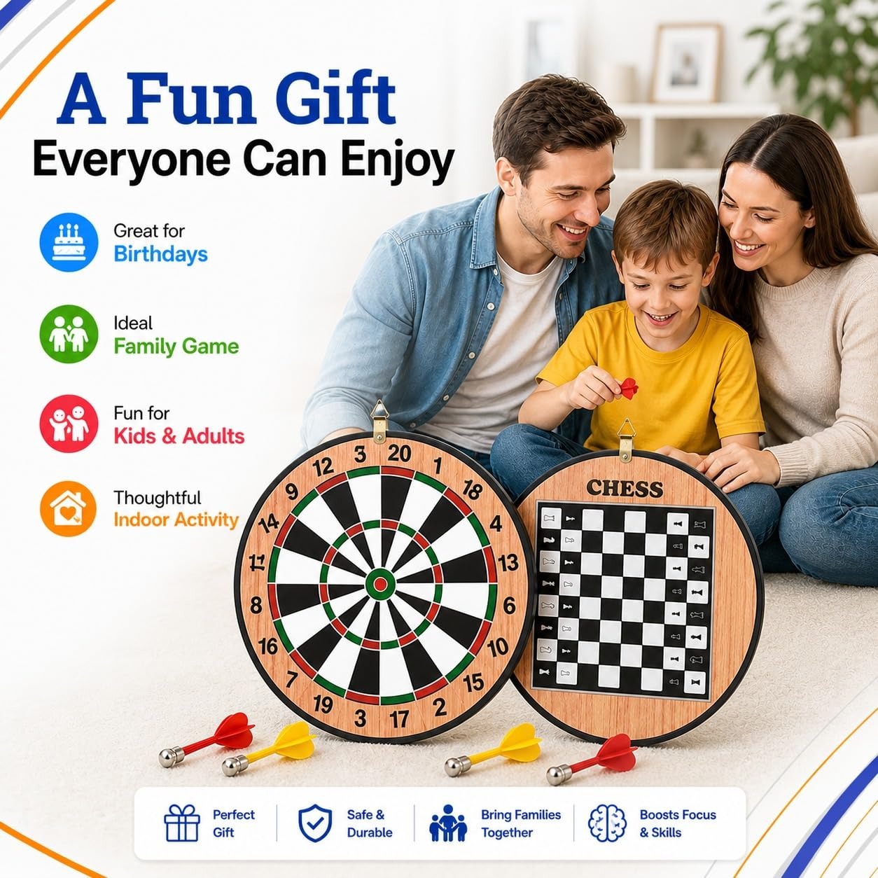 2-in-1 Magnetic Dart Board with Chess Game